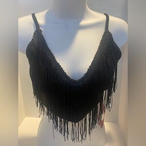 Shein NWT Black Fringe Women's V-Neck Adjustable Spaghetti Strap Top Sz Small